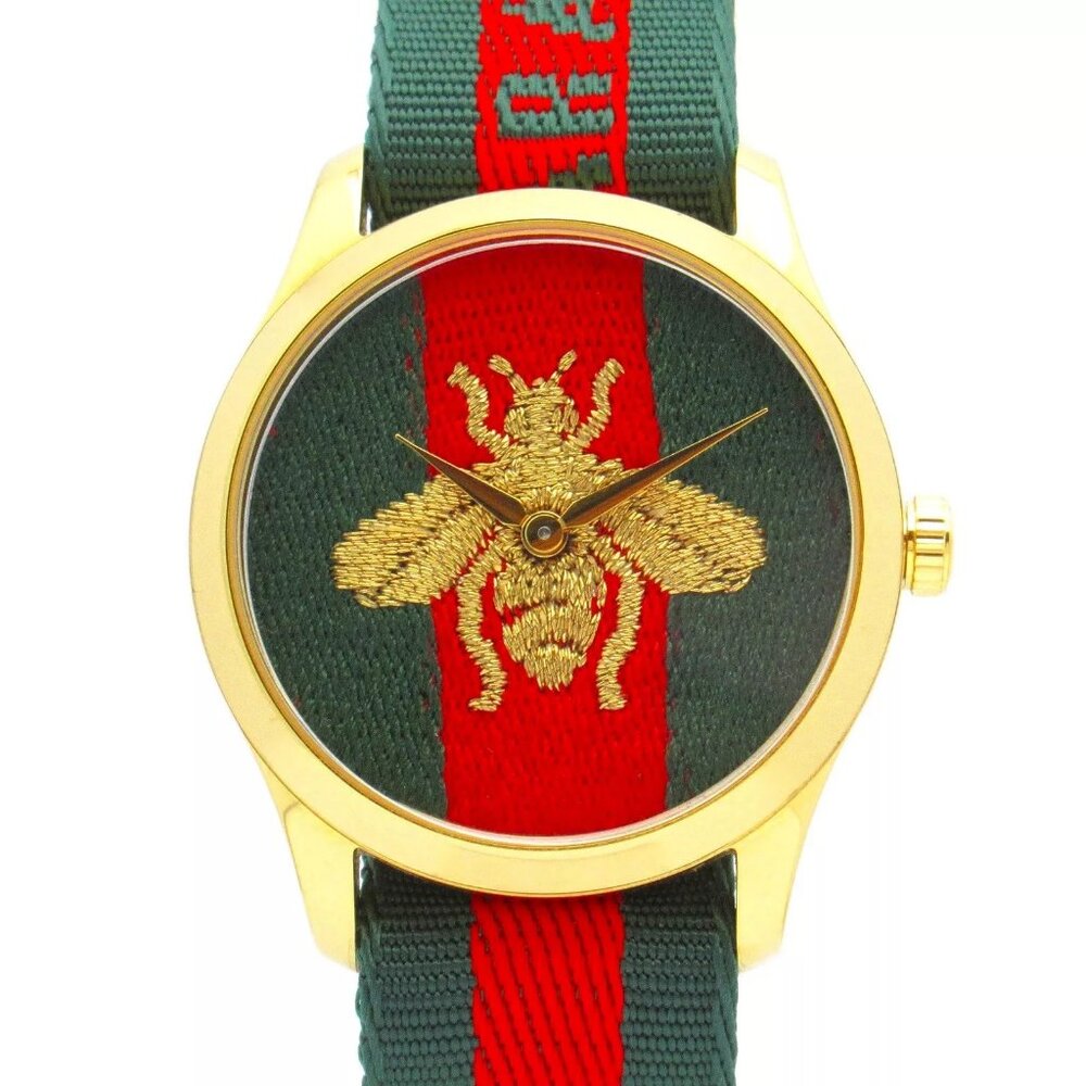 GUCCI G timeless Wrist Watch Quartz Gold Plated Nylon Used mens - Picture 10 of 14